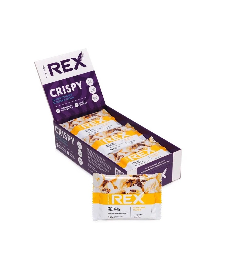 PROTEIN REX CRISPY Proteiini-teravilja näkileib, banaani- 55 g – madala kalorsusega toode firmalt Protein Rex, osta Bombbar-ist