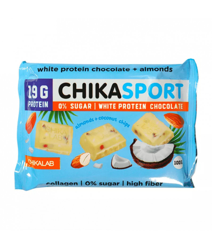 CHIKALAB White Protein Chocolate with Almonds and Coconut, 100 g – low-calorie product from Chikalab, buy in Bombbar CHIKALAB White Protein Chocolate with Almonds and Coconut, 100 g – low-calorie product from Chikalab, buy in Bombbar