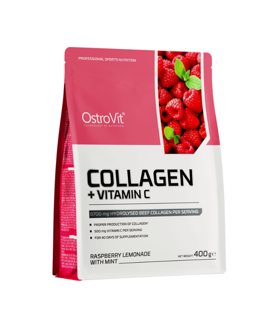 OSTROVIT Collagen + Vitamin C, raspberry lemonade with mint - 400 g – low-calorie product from Ostrovit, buy in Bombbar OSTROVIT Collagen + Vitamin C, raspberry lemonade with mint - 400 g – low-calorie product from Ostrovit, buy in Bombbar