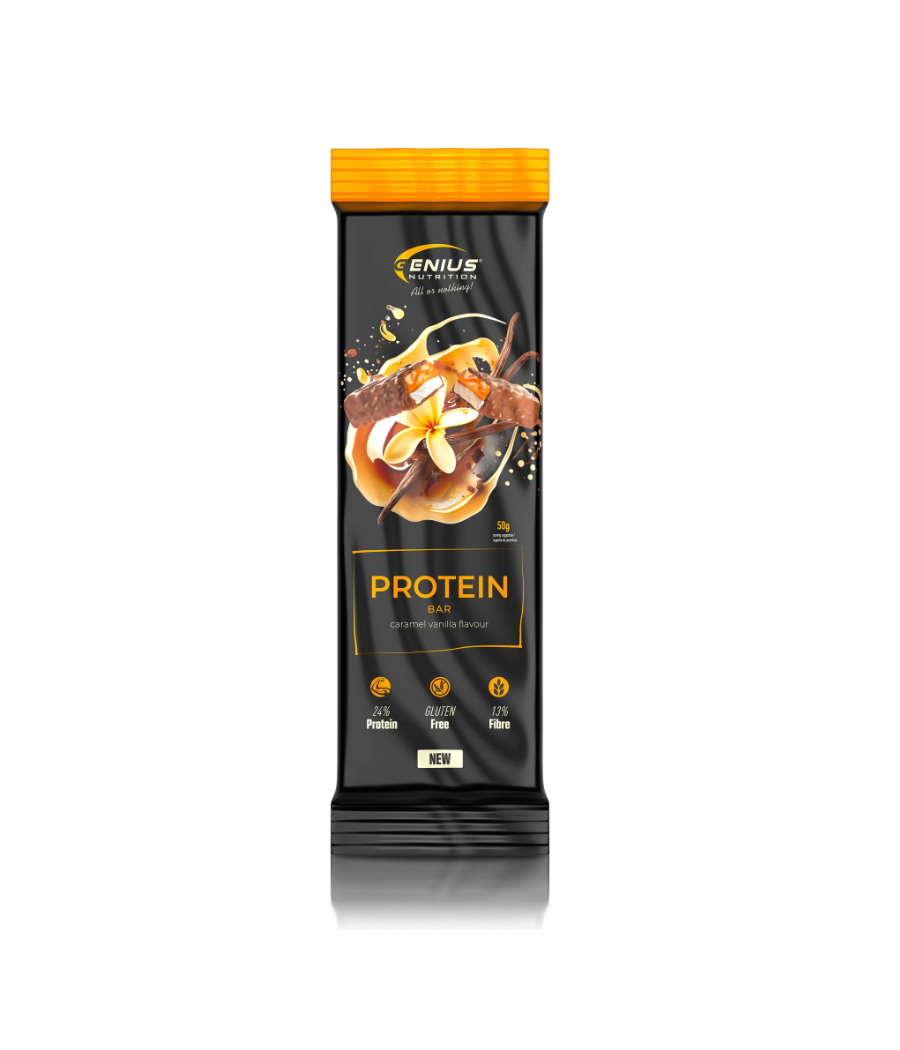 Протеиновый батончик – карамель-ваниль, 50 г – низкокалорийный продукт от Genius Nutrition, купить в SportFit Nutrition OÜ | Reg.nr. 14554498
