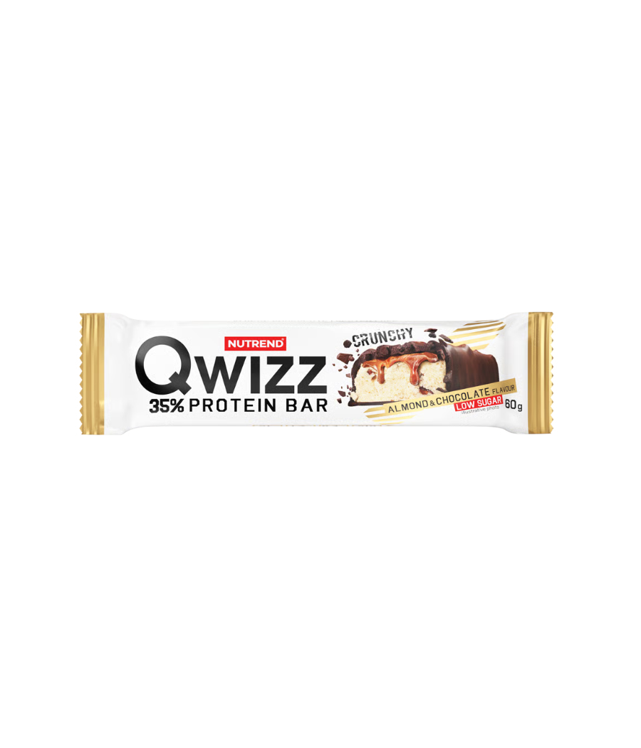 QWIZZ Protein bar, almond-chocolate, 60 g – low-calorie product from NUTREND, buy in SportFit Nutrition OÜ | Reg.nr. 14554498 QWIZZ Protein bar, almond-chocolate, 60 g – low-calorie product from NUTREND, buy in SportFit Nutrition OÜ | Reg.nr. 14554498