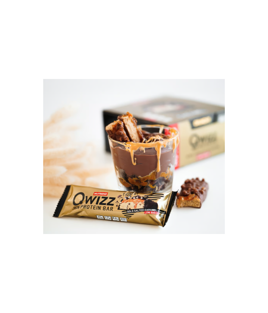 QWIZZ Protein bar, salted caramel, 60 g – low-calorie product from NUTREND, buy in SportFit Nutrition OÜ | Reg.nr. 14554498