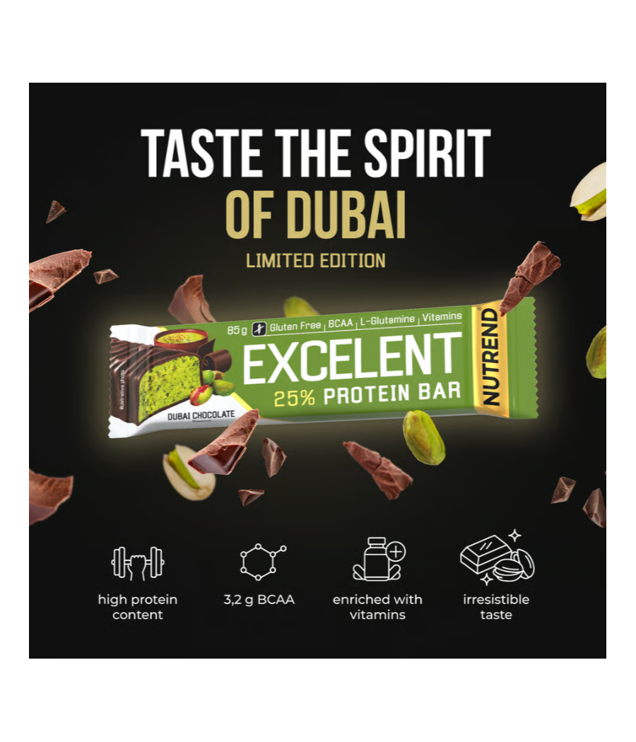 EXCELENT PROTEIN BAR, Dubai šokolaad, 85 g – madala kalorsusega toode firmalt NUTREND, osta SportFit Nutrition OÜ | Reg.nr. 14554498-ist
