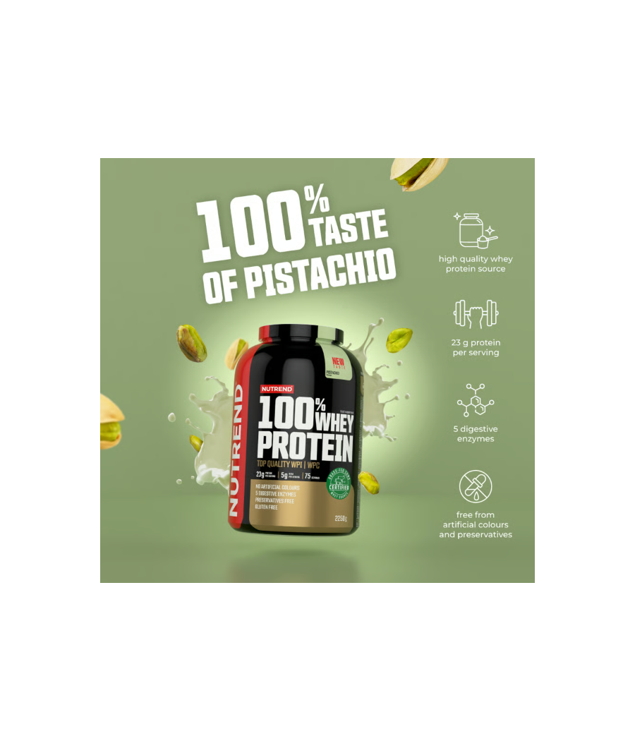 100% WHEY PROTEIN, pistachio, 30 g – low-calorie product from NUTREND, buy in SportFit Nutrition OÜ | Reg.nr. 14554498