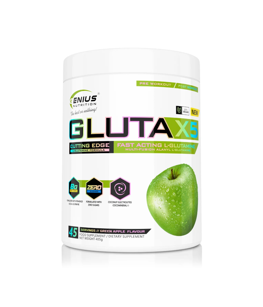 GENIUS GLUTA-X5 L-glutamine, Green apple, 405 g – low-calorie product from Genius Nutrition, buy in SportFit Nutrition OÜ | Reg.nr. 14554498