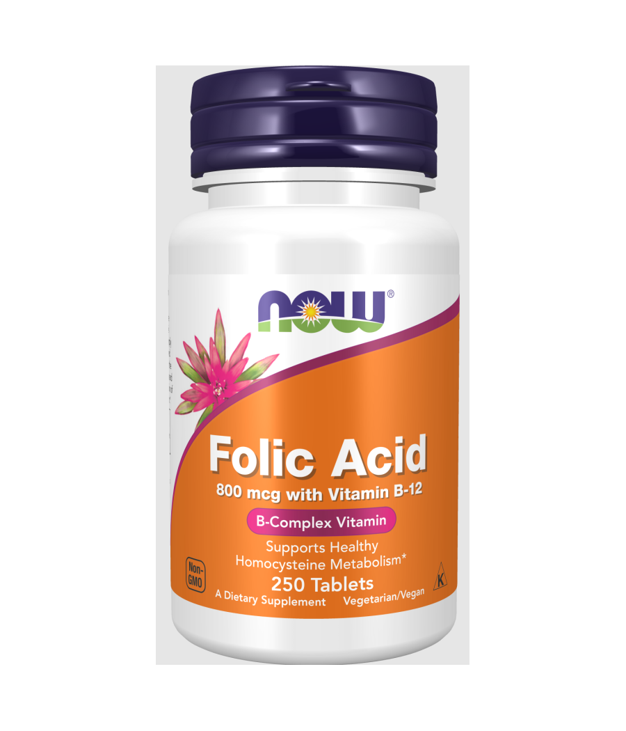 Folic Acid with Vitamin B12, 800mcg - 250 tablets – low-calorie product from NOW, buy in Bombbar